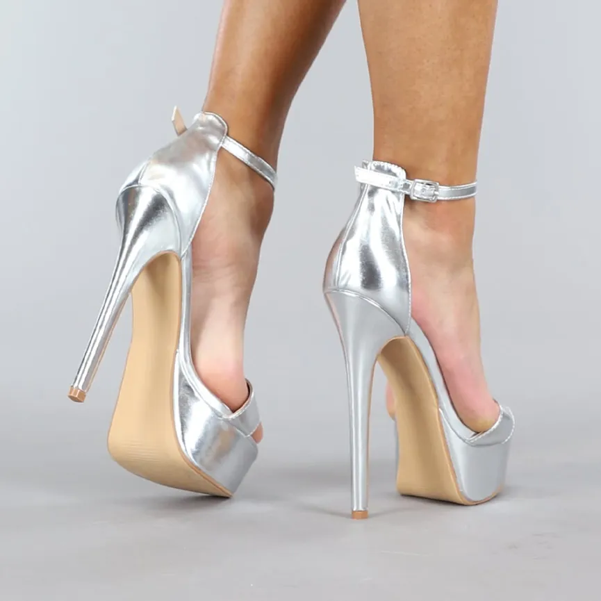 Zilveren Sandaletten met Plateau en Hoge Stiletto Hak