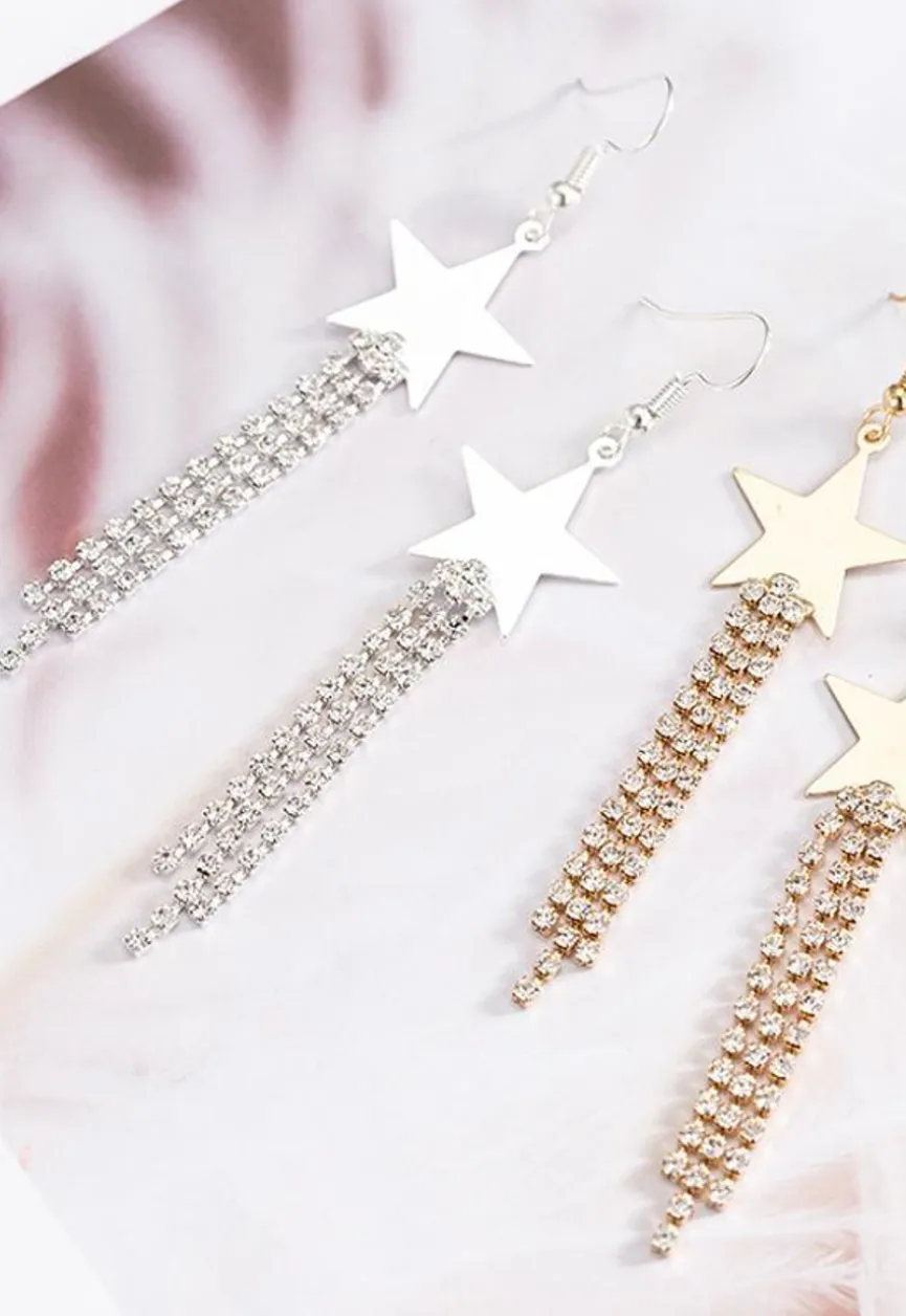 Zilveren Sterren Oorbellen met Strass Fringe