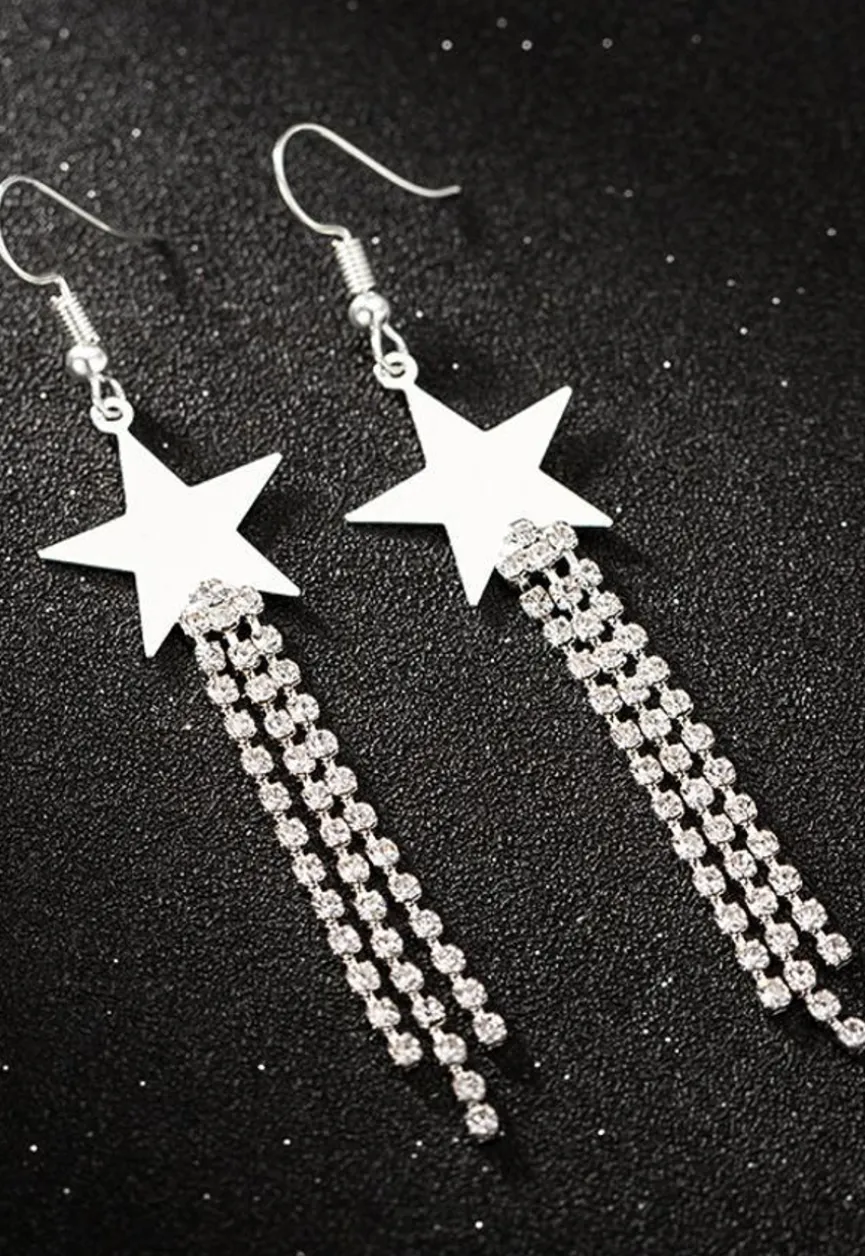 Zilveren Sterren Oorbellen met Strass Fringe