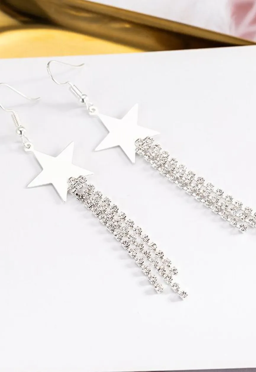 Zilveren Sterren Oorbellen met Strass Fringe