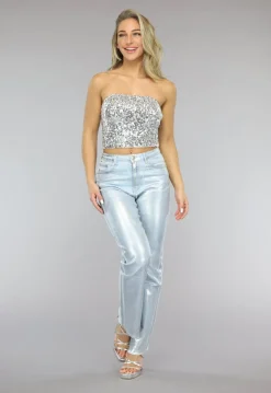 Zilveren Strapless Crop Top met Pailletten