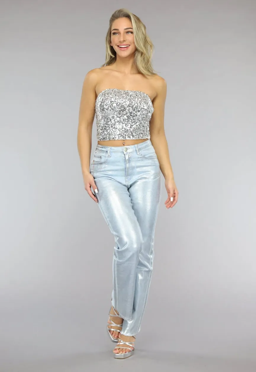 Zilveren Strapless Crop Top met Pailletten