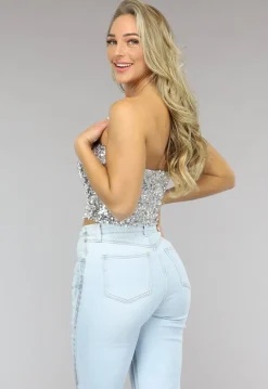 Zilveren Strapless Crop Top met Pailletten