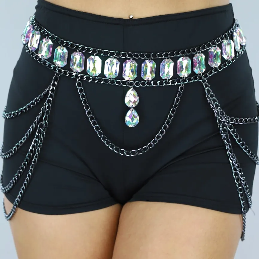 Zilveren Waist Body Chain met Grote Strass Stenen