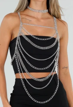 Zilverkleurige Bodychain met Choker en Verstelbare Rugsluiting