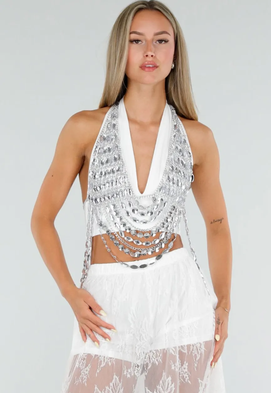 Zilverkleurige Bodychain met Strass Stenen en Kettingen