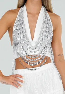 Zilverkleurige Bodychain met Strass Stenen en Kettingen