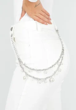 Zilverkleurige Broekketting met Schakel en Parel Details