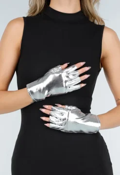 Zilverkleurige Handschoenen van Glanzend Stretchmateriaal met Halve Vingers
