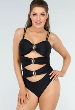 Zwart Badpak met Gouden Accenten en Comfortabele Pasvorm