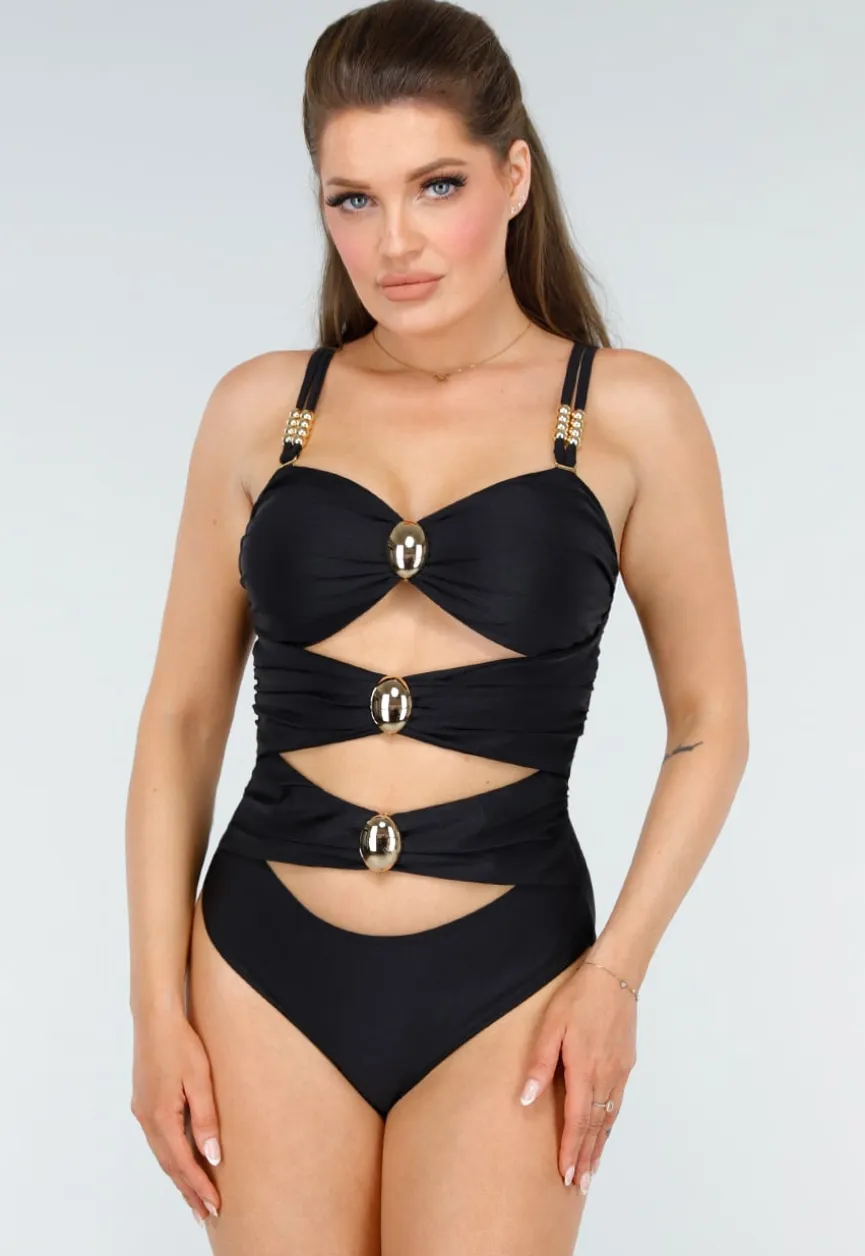 Zwart Badpak met Gouden Accenten en Comfortabele Pasvorm