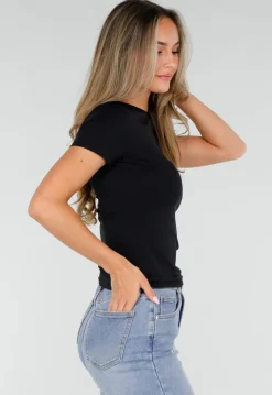 Zwart Basic T-Shirt met Korte Mouwen en Ronde Hals
