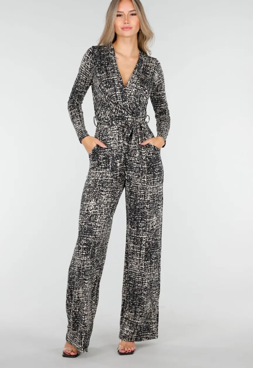 Zwart Beige Jumpsuit met Print en Ceintuur