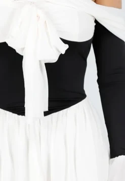 Zwart Beige Off Shoulder Jurk met Strikdetail