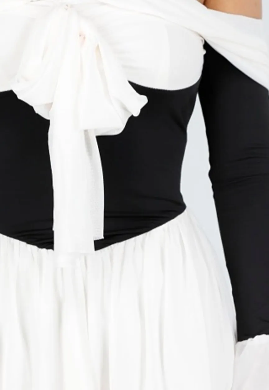 Zwart Beige Off Shoulder Jurk met Strikdetail
