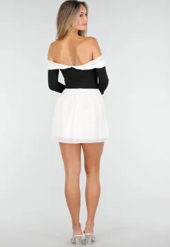 Zwart Beige Off Shoulder Jurk met Strikdetail