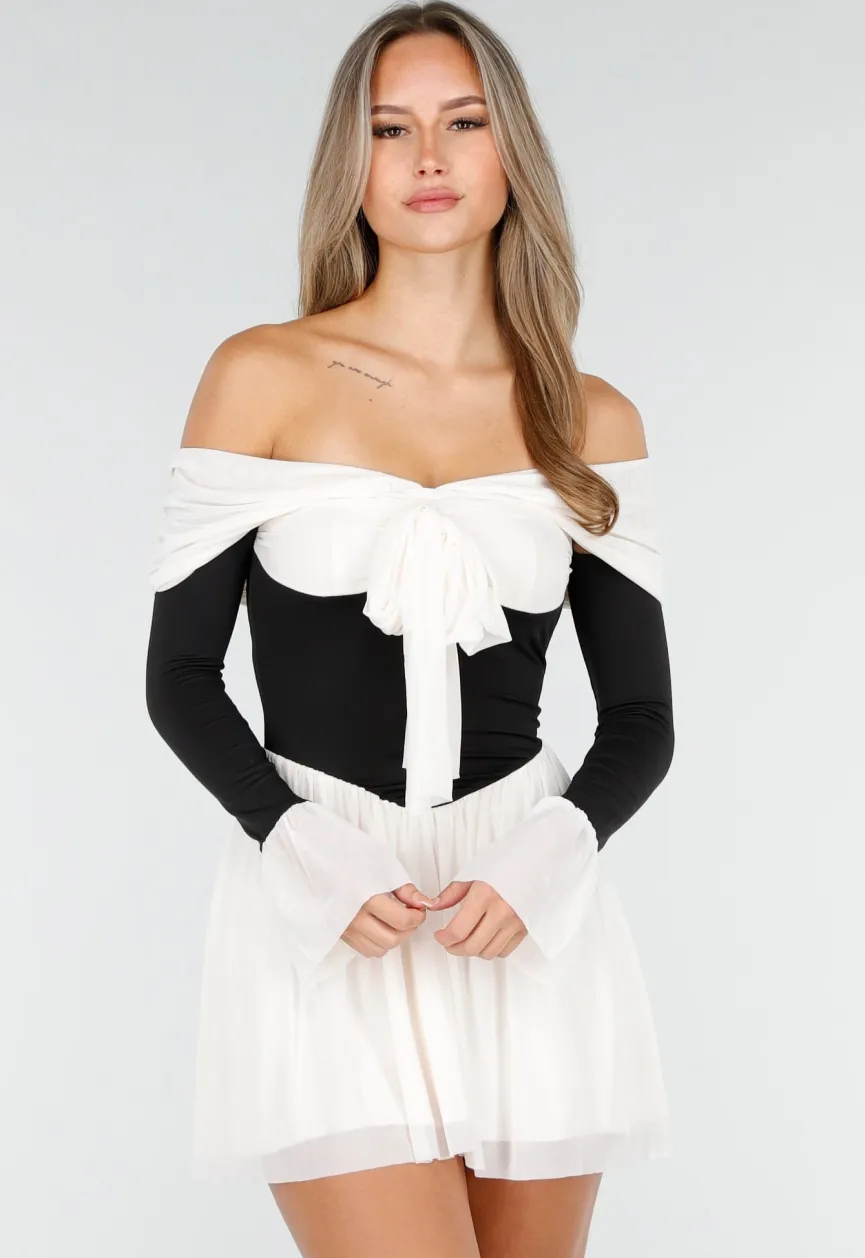 Zwart Beige Off Shoulder Jurk met Strikdetail