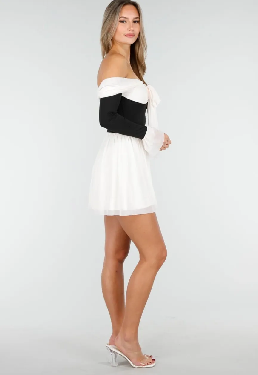 Zwart Beige Off Shoulder Jurk met Strikdetail
