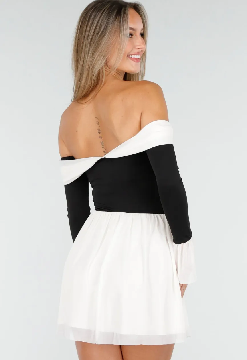 Zwart Beige Off Shoulder Jurk met Strikdetail