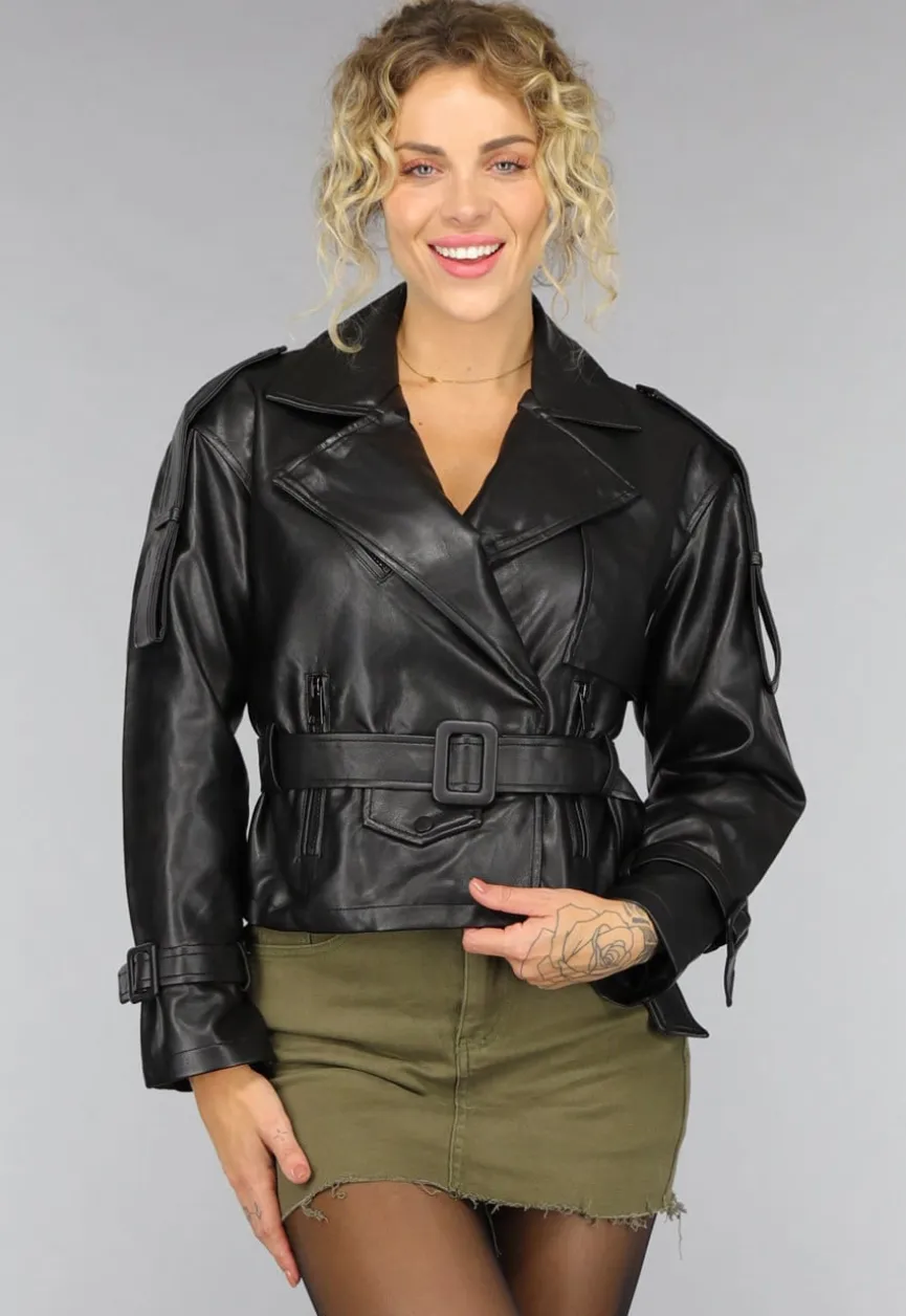 Zwart Biker Jack met Riem Details