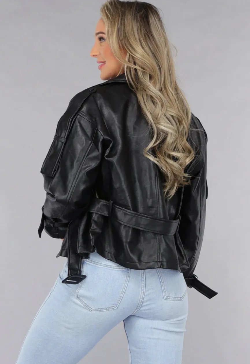 Zwart Biker Jack met Riem Details