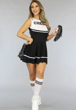 Zwart Cheerleader Kostuum met Bijpassende Pompoms