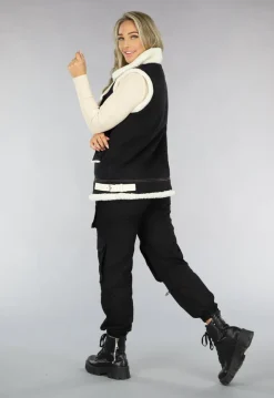 Zwart Denim Gilet met Teddy Voering