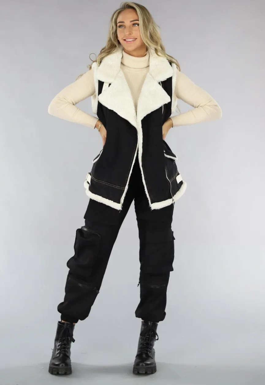 Zwart Denim Gilet met Teddy Voering
