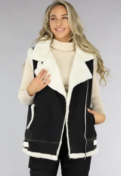 Zwart Denim Gilet met Teddy Voering