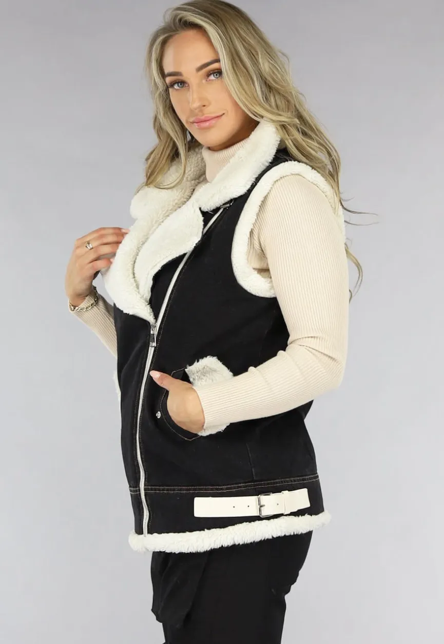 Zwart Denim Gilet met Teddy Voering
