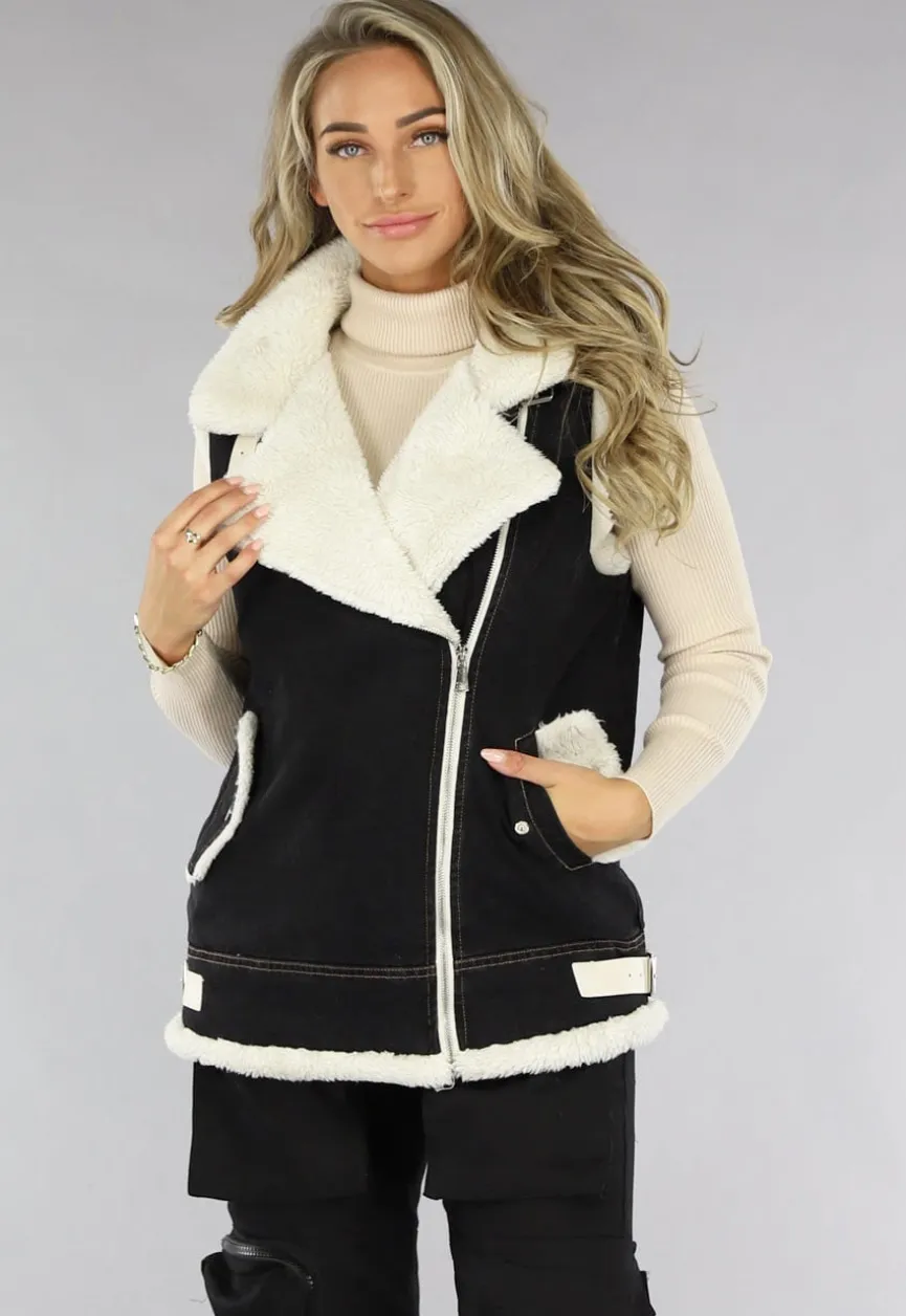 Zwart Denim Gilet met Teddy Voering