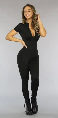 Zwarte Aansluitende Jumpsuit met Haak en Rits Sluiting