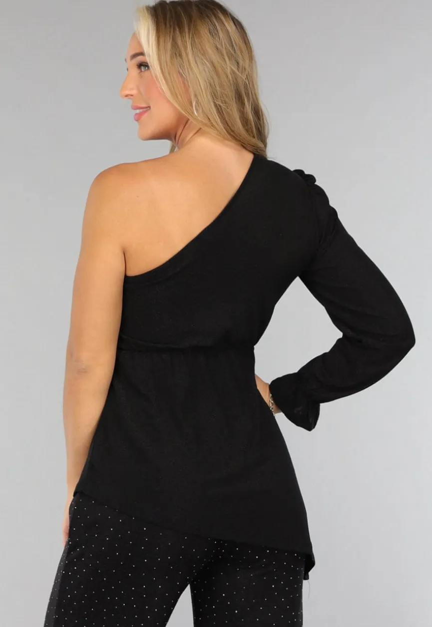 Zwarte Asymmetrische Top met Ruffle Mouw