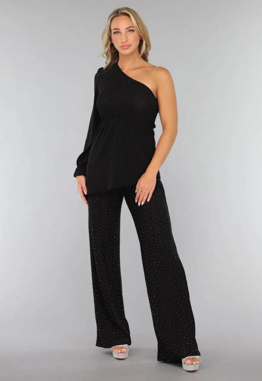 Zwarte Asymmetrische Top met Ruffle Mouw