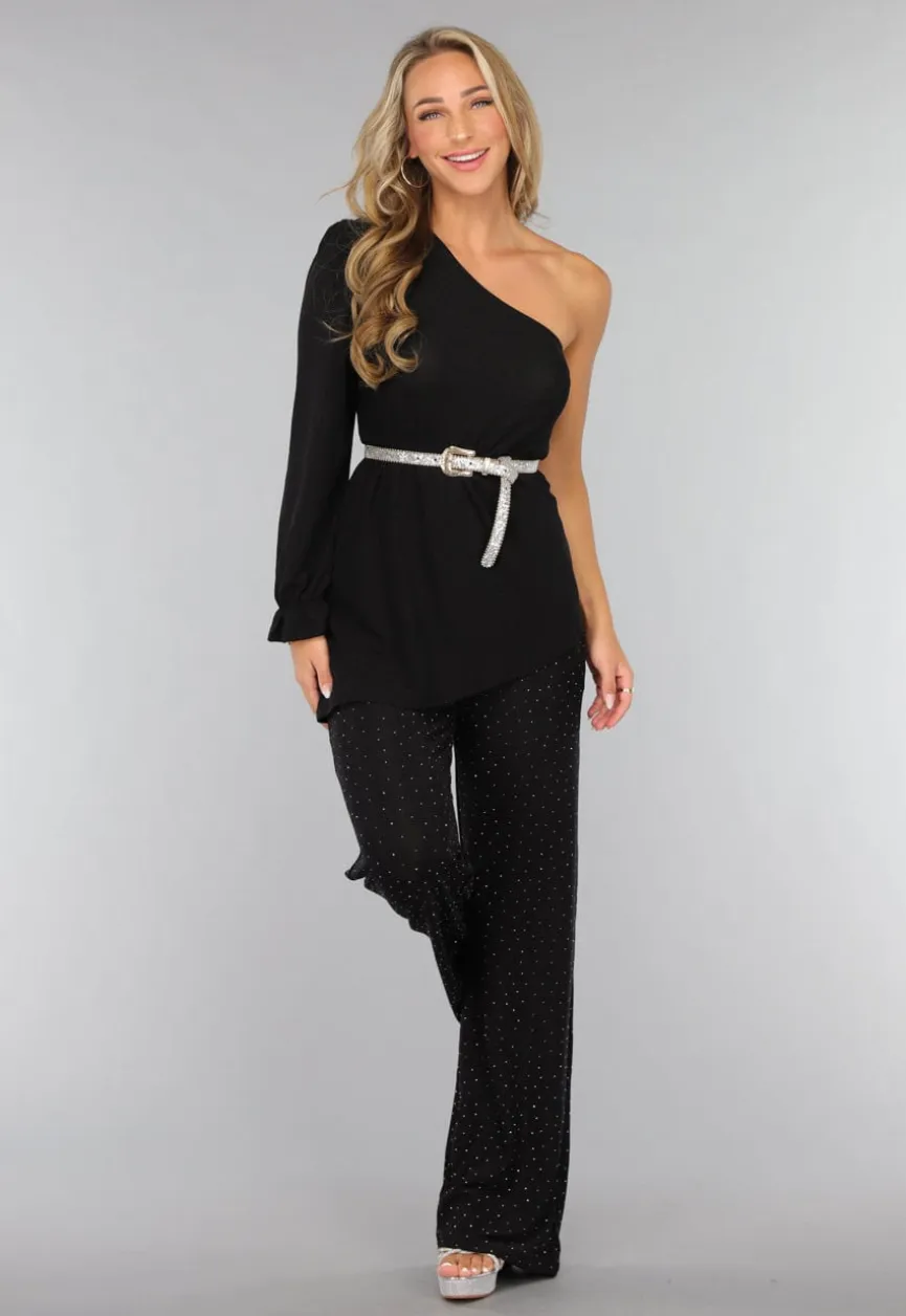 Zwarte Asymmetrische Top met Ruffle Mouw
