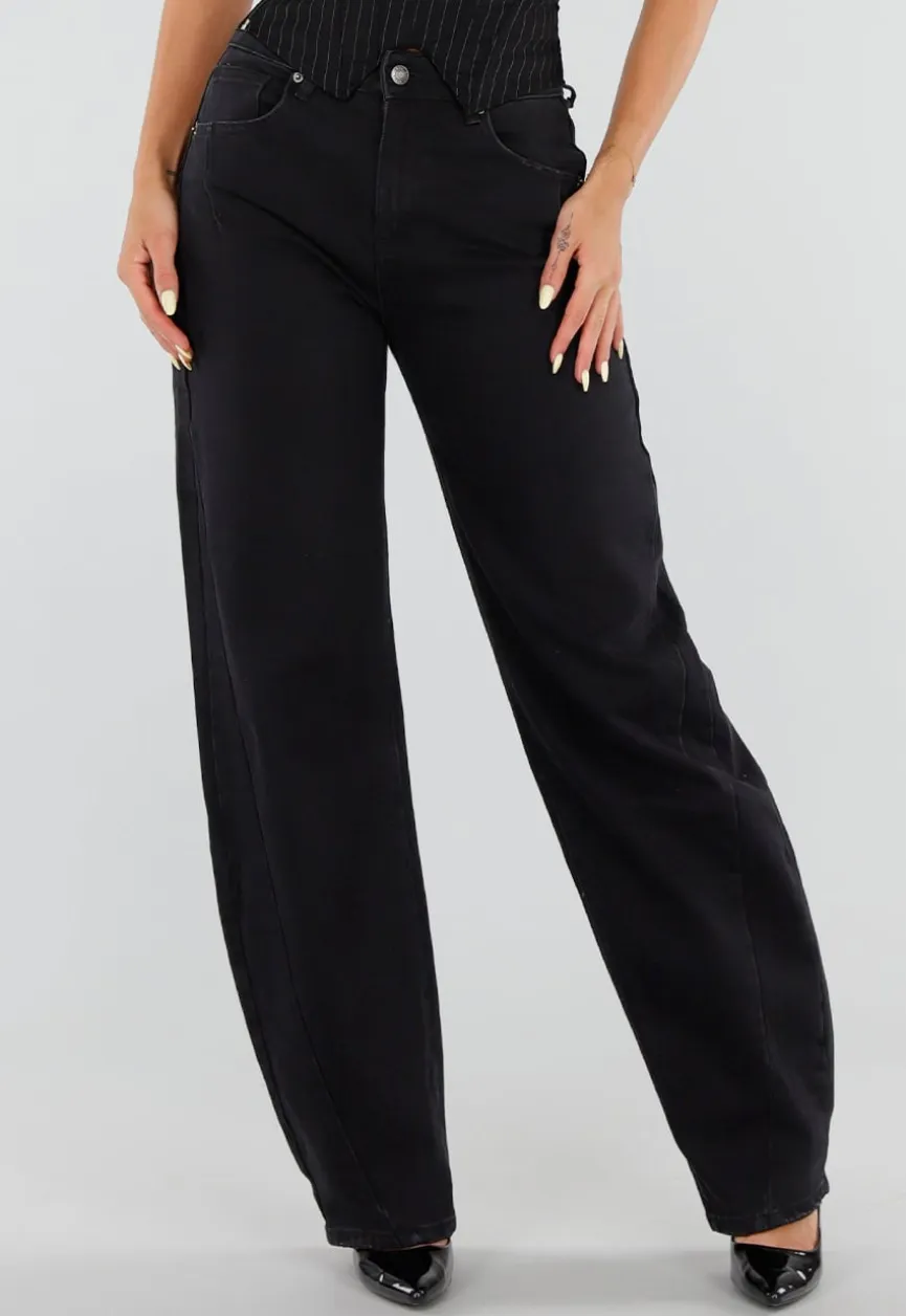 Zwarte Balloon Jeans met Hoge Taille en Lichte Stretch