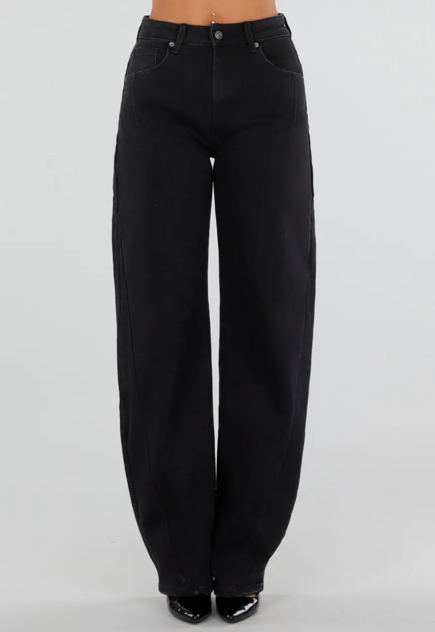 Zwarte Balloon Jeans met Hoge Taille en Lichte Stretch