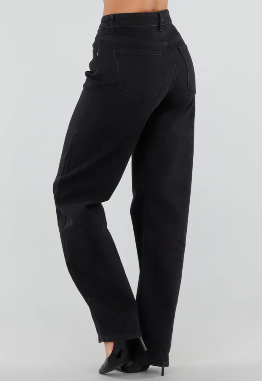 Zwarte Balloon Jeans met Hoge Taille en Lichte Stretch