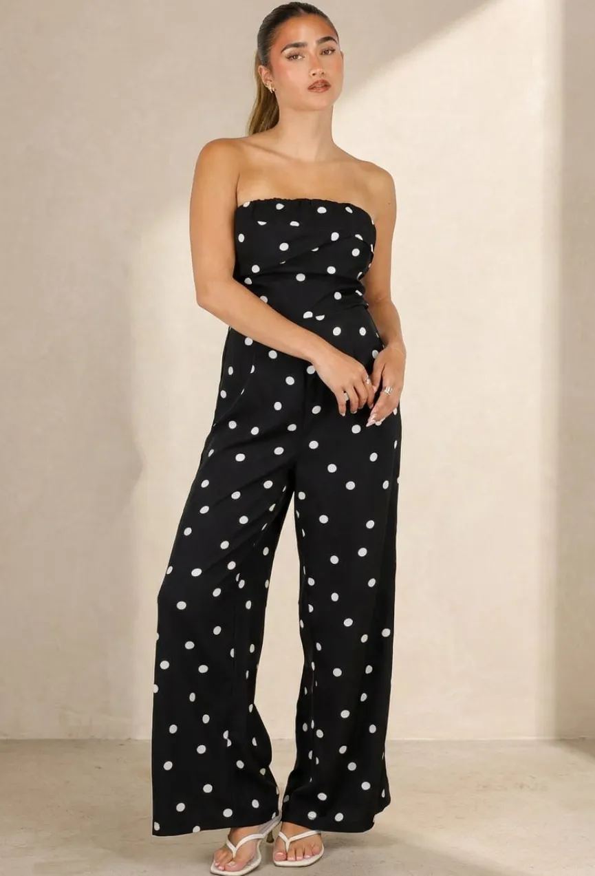 Zwarte Bandeau Jumpsuit met Witte Stippenprint en Wide Leg