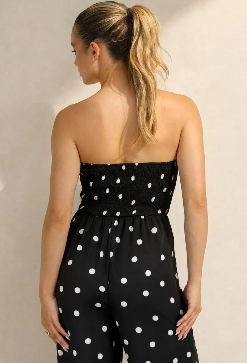 Zwarte Bandeau Jumpsuit met Witte Stippenprint en Wide Leg