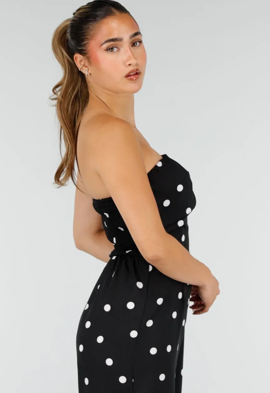 Zwarte Bandeau Jumpsuit met Witte Stippenprint en Wide Leg