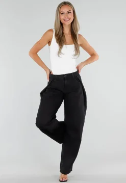 Zwarte Barrel Jeans met Hoge Taille en Plooien