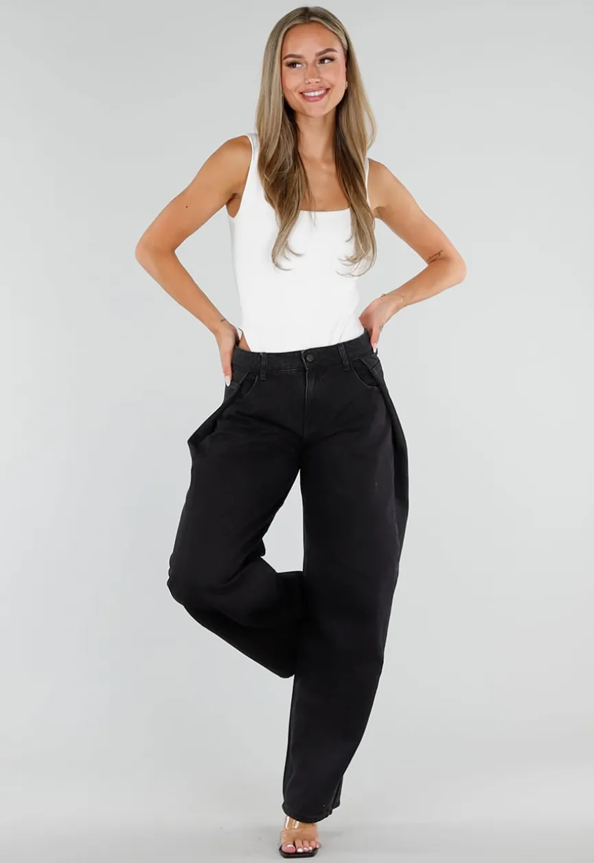 Zwarte Barrel Jeans met Hoge Taille en Plooien