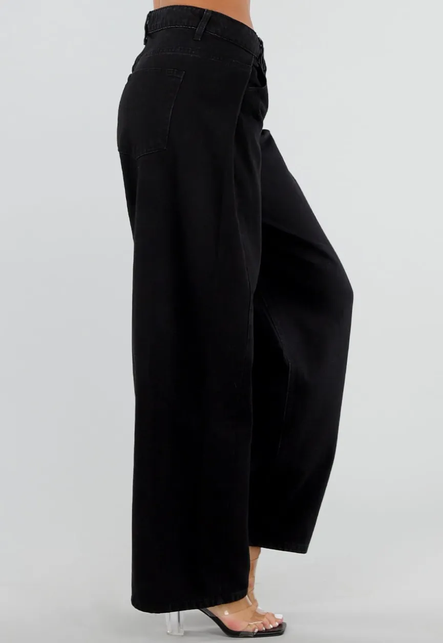 Zwarte Barrel Jeans met Hoge Taille en Plooien