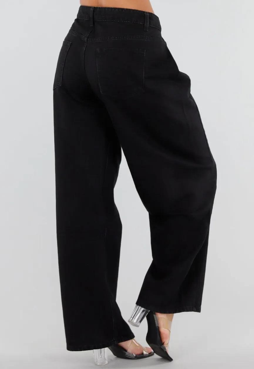 Zwarte Barrel Jeans met Hoge Taille en Plooien