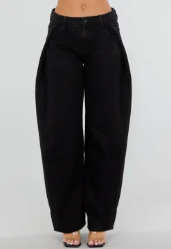 Zwarte Barrel Jeans met Hoge Taille en Plooien