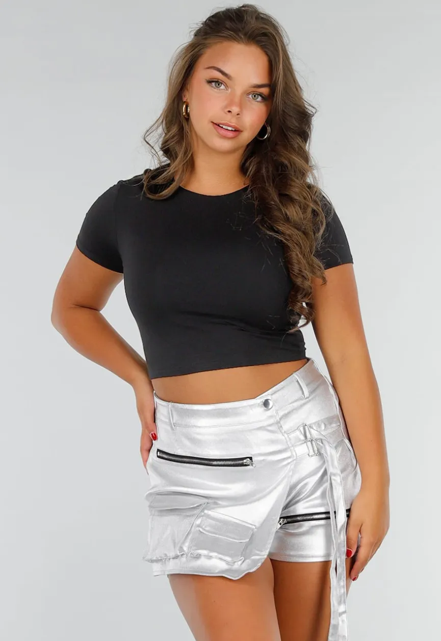 Zwarte Basic Croptop met Dubbele Voering, Stretch en Aansluitende Pasvorm