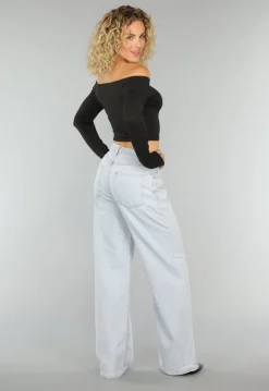 Zwarte Basic Longsleeve Off Shoulder Top met Duimgaten