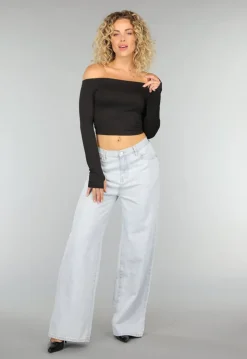 Zwarte Basic Longsleeve Off Shoulder Top met Duimgaten