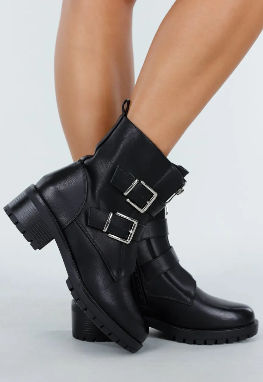 Zwarte Biker Boots met Gespen en Ritsdetail